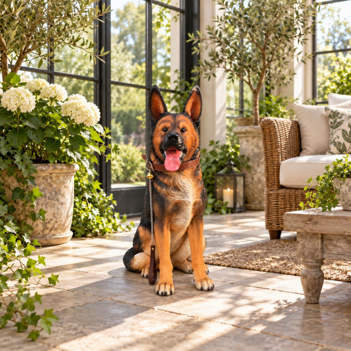 German Shepherd Dog Statue, Sitting Guard Sculpture - Black Brown