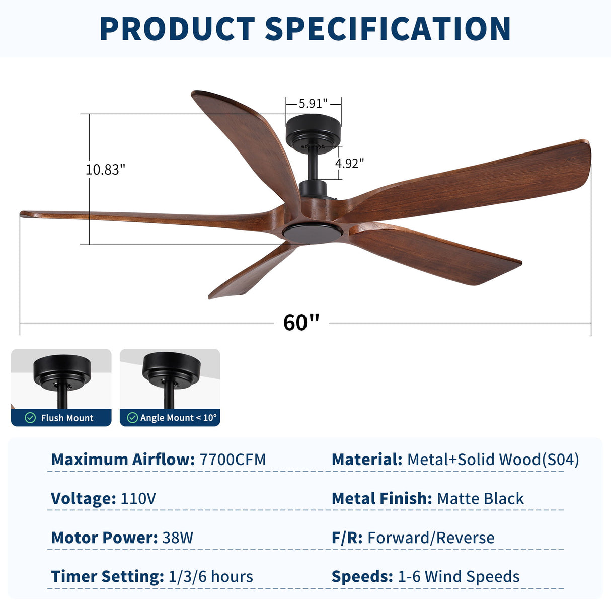 Ceiling Fan With Light And Remote Control, Noiseless, 6 Speeds Reversible, Quiet DC - Matte Black
