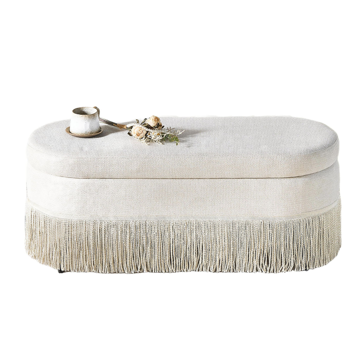 Oval Upholstered Storage Ottoman With Fringe Trim & Lift Top Lid