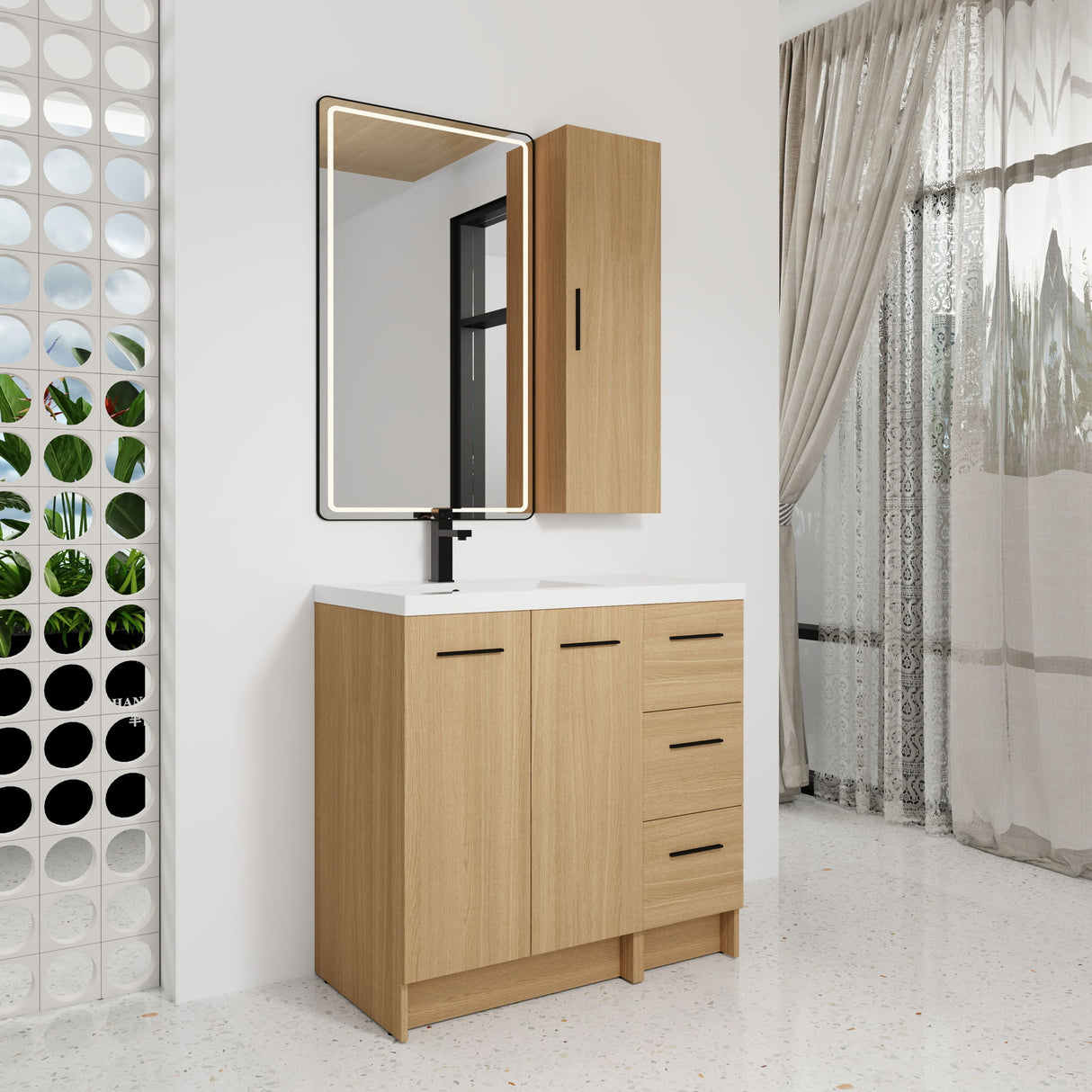 Freestanding Bathroom Vanity Set With Tall Linen Cabinet, 3 Drawers And Large Storage, Single Sink