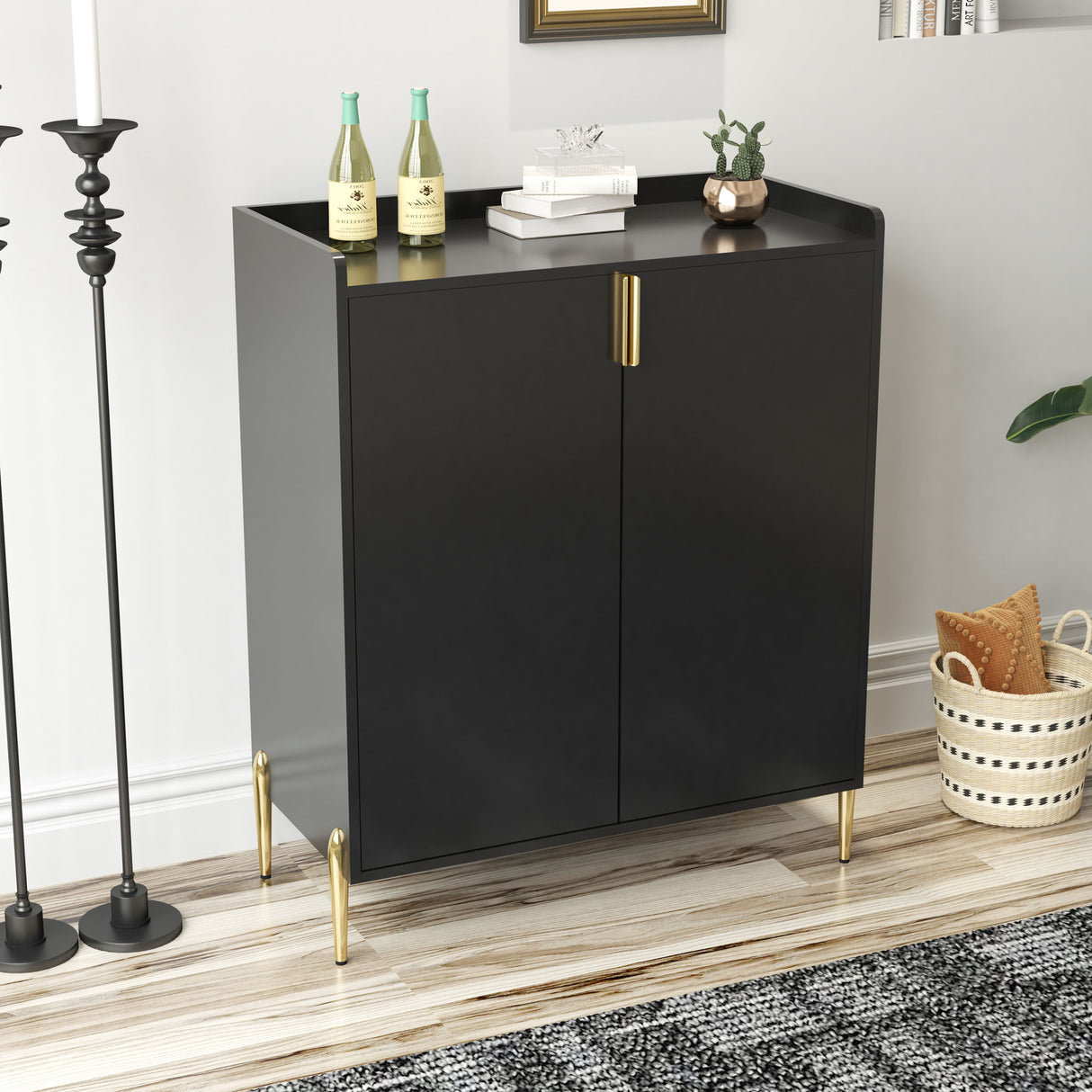 Wine Bar Cabinet With Adjustable Shelf, 2 Door Sideboard With Soft-Closing Hinges And Feet