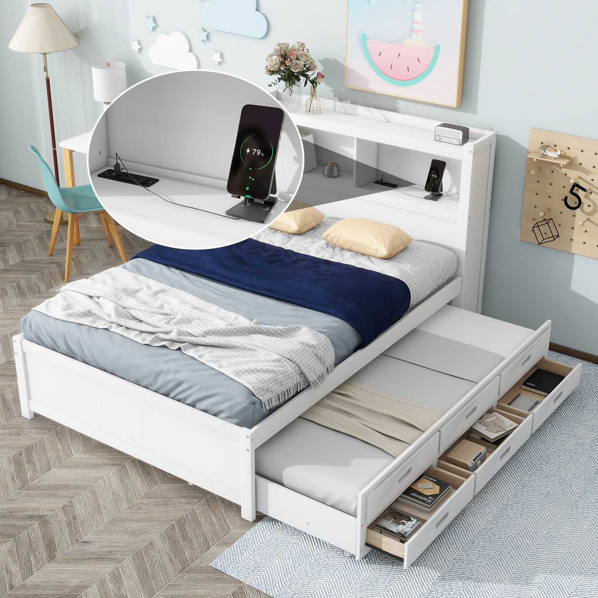 Platform Bed With Trundle, Drawers, USB Ports And Built In Shelves