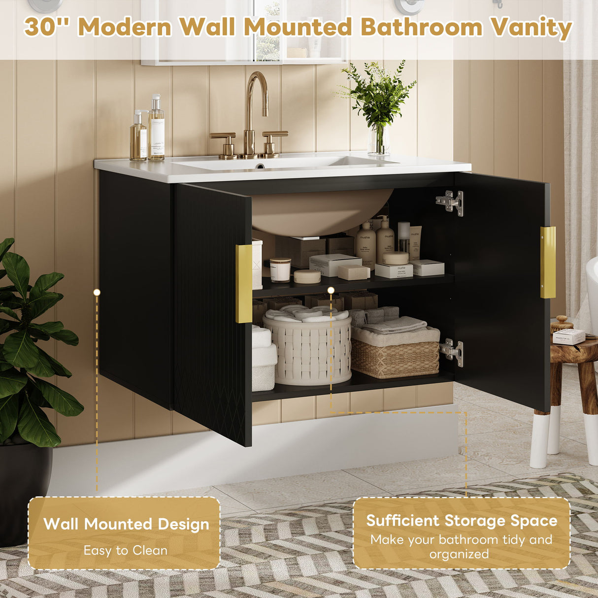 Bathroom Vanity With Sink, Rectangular Storage Cabinet With 2 Soft Closing Doors