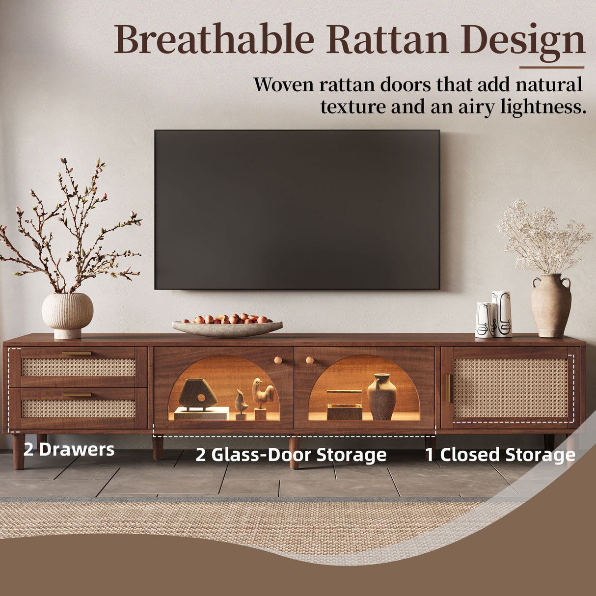 TV Stand With App-Controlled LED Lights, 2 Drawers & Door Storage
