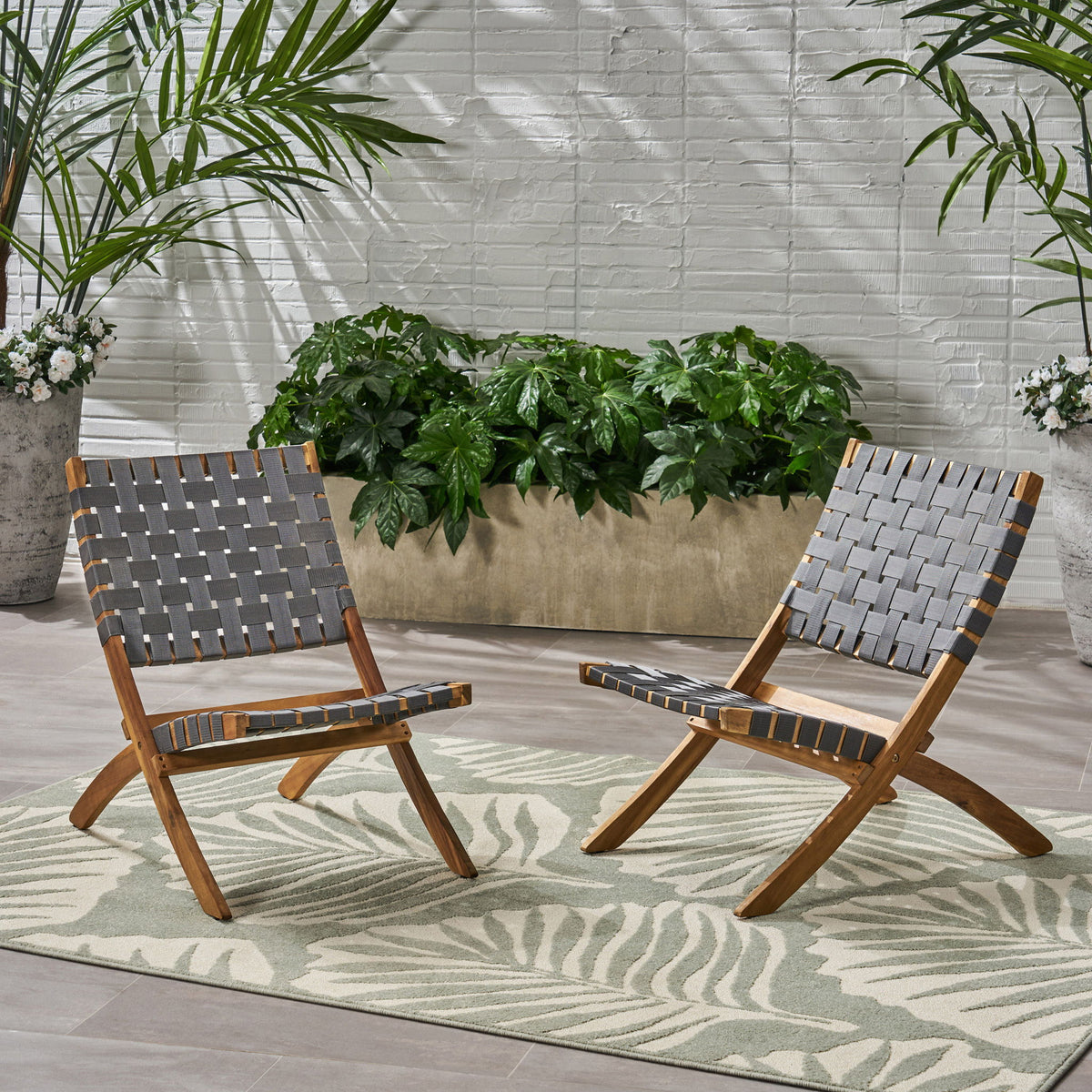 Solidago - Outdoor And Strapping Belt Folding Chairs, (Set of 2) - Black / Brown