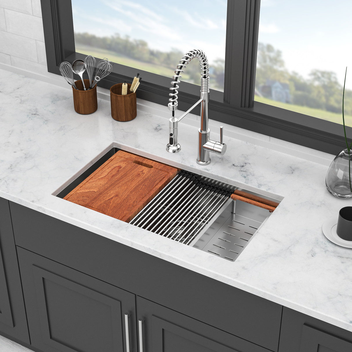 33" Undermount Kitchen Sink Single Bowl Ledge Workstation In 16 Gauge Stainless Steel - White