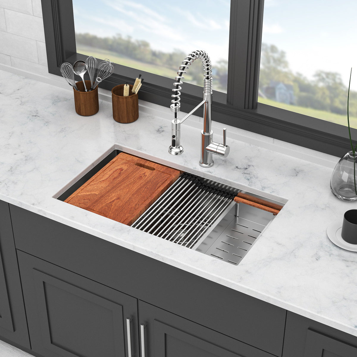 33" Undermount Kitchen Sink Single Bowl Ledge Workstation In 16 Gauge Stainless Steel - Brushed Nickel