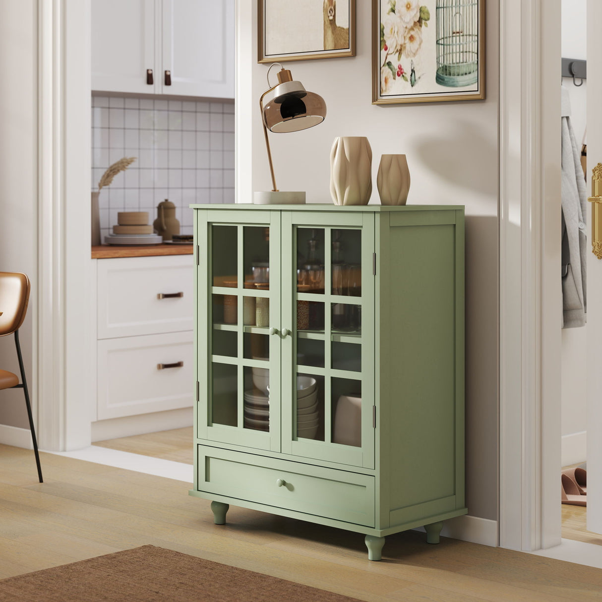 Minimalist Buffet Cabinet With Double Glass Doors And Drawer