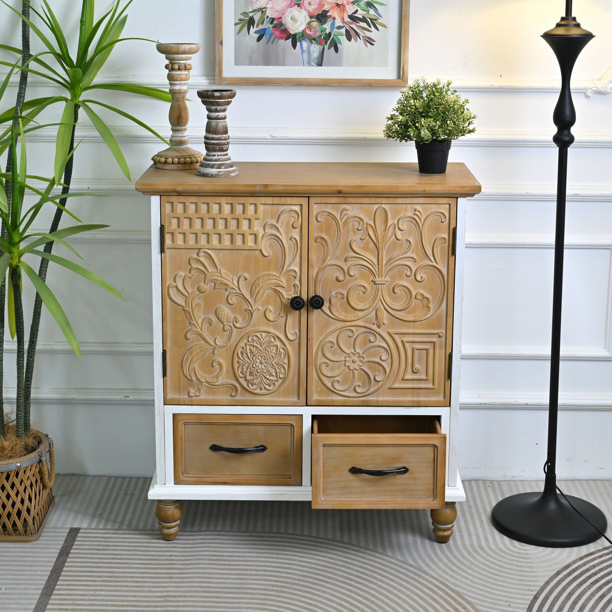 Accent Flower Carved Door Sideboard Cabinet With 2 Drawers For Kitchen - Natural Wood Wash / White