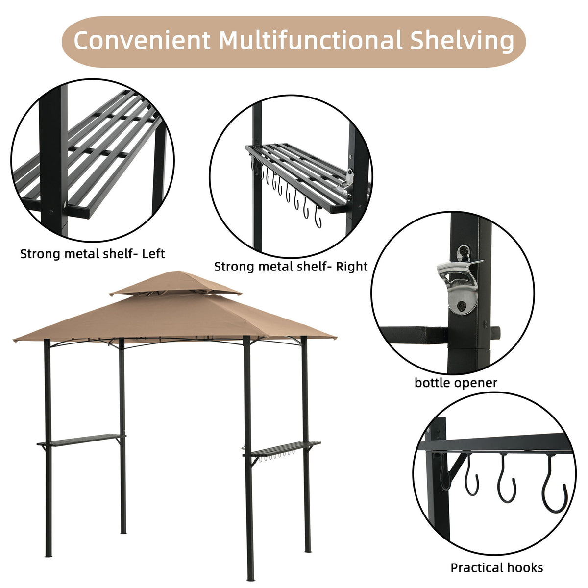 Outdoor Grill Gazebo 8 X 5 Ft With Double Tier Soft Top Canopy, Steel Frame, Bar Counters & Hook Metal - Khaki