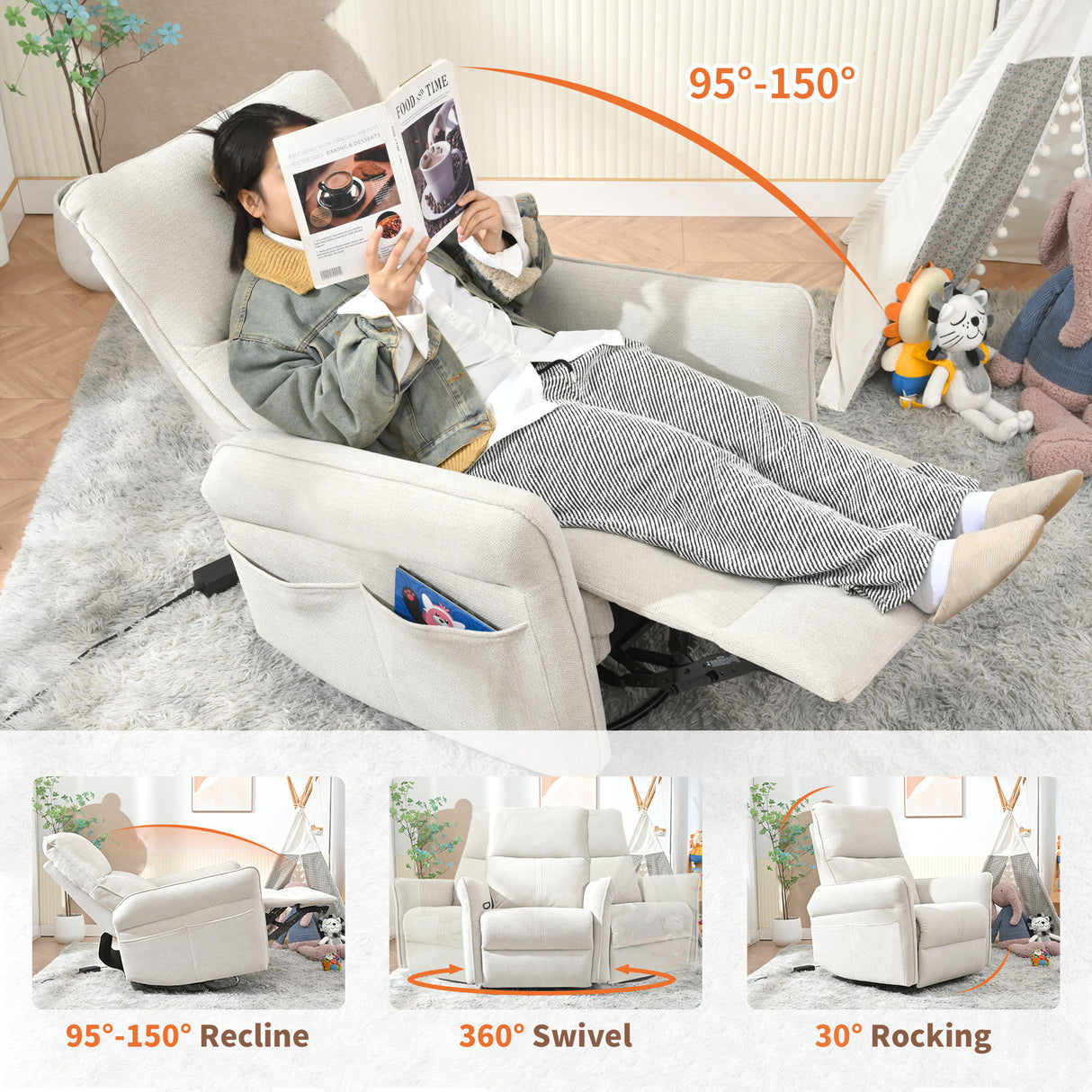 360° Swivel Rocker Recliner Chair, Swive Nursery Rocking Chair With Pull Ring, Glide Chair For Livin Room - Gray