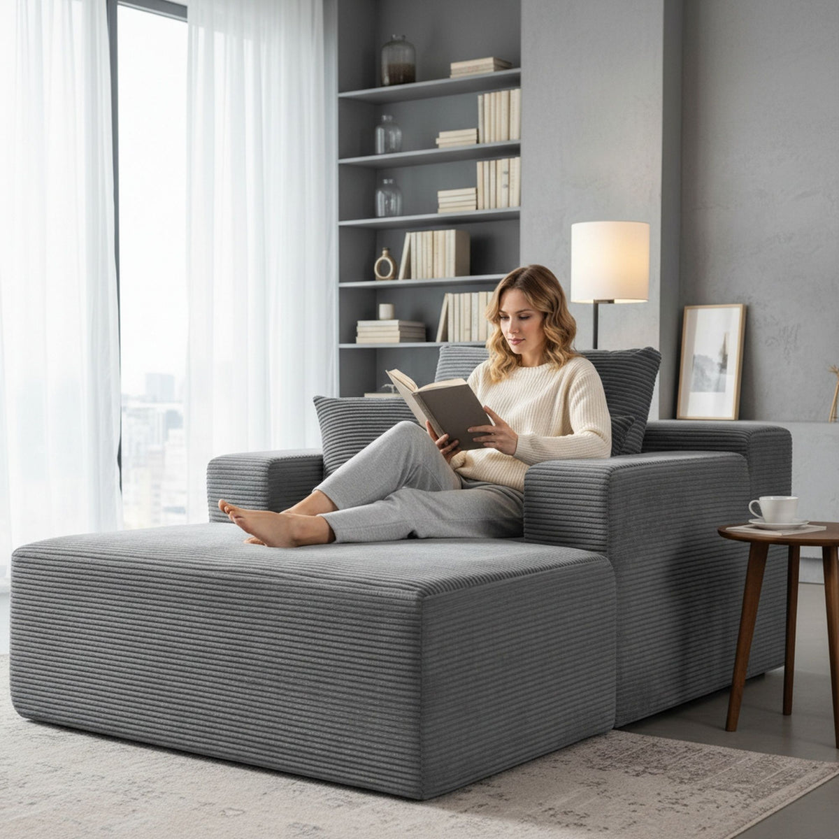 Convertible Chaise Lounge Chair With Wide Armrest & Throw Pillows