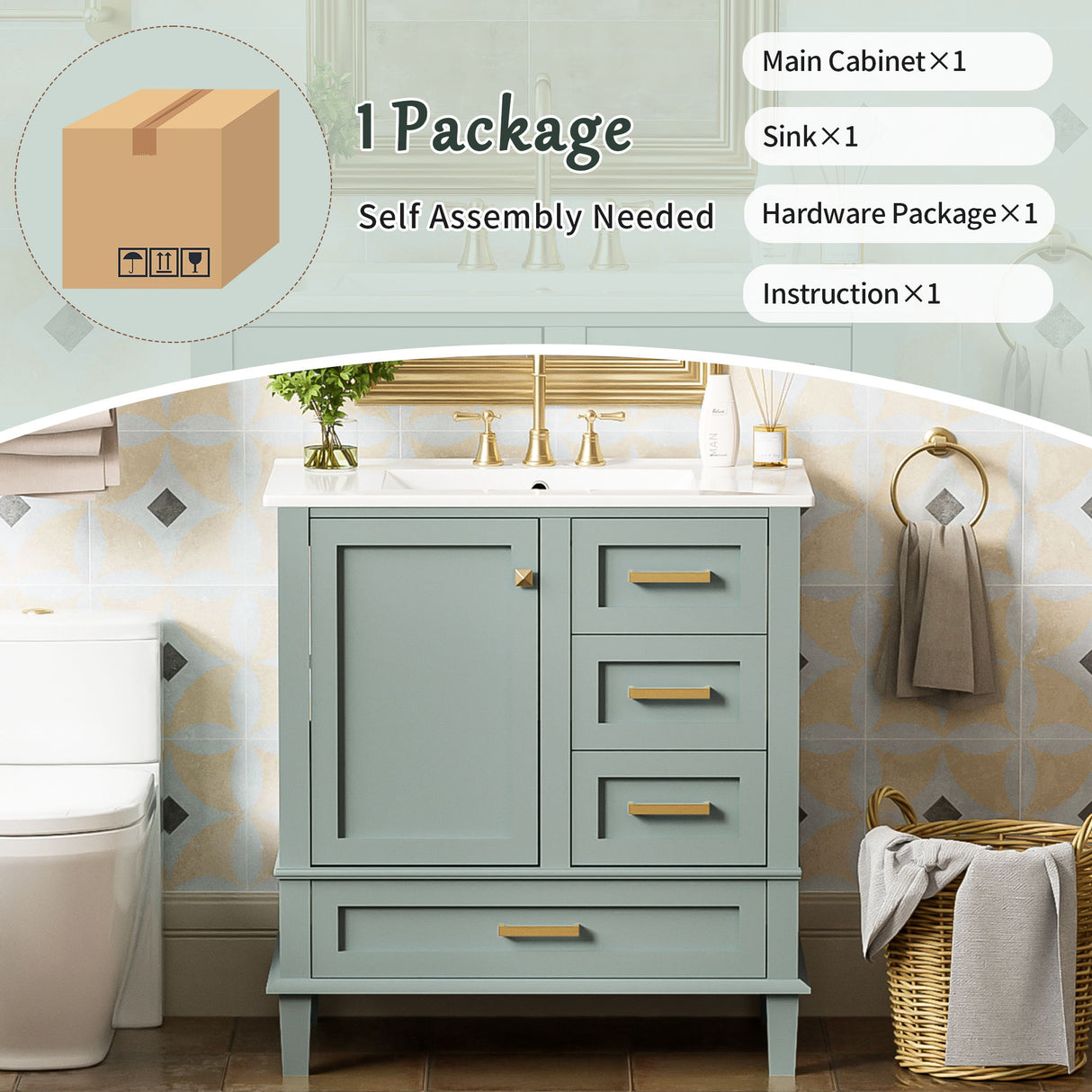 Bathroom Vanity, Modern Bathroom Cabinet With Sink Combo Set, Bathroom Storage Cabinet With A Soft Closing Door And 3 Drawers, Solid Wood Frame