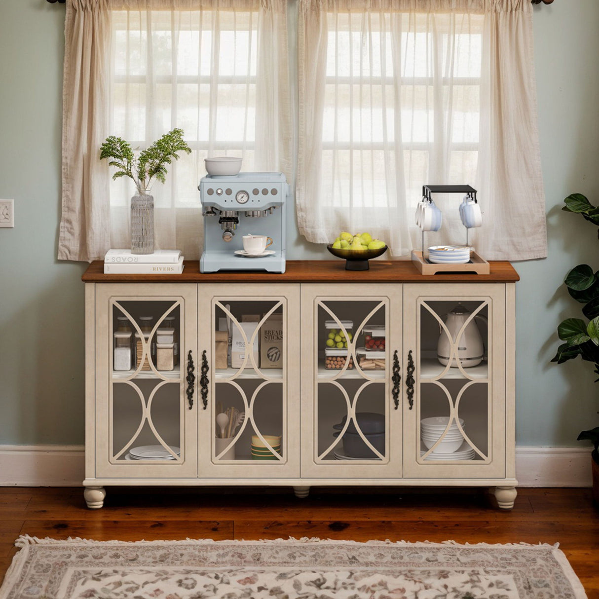 4 Door Sideboard Cabinet with Tempered Glass Doors and Wood 59x32in