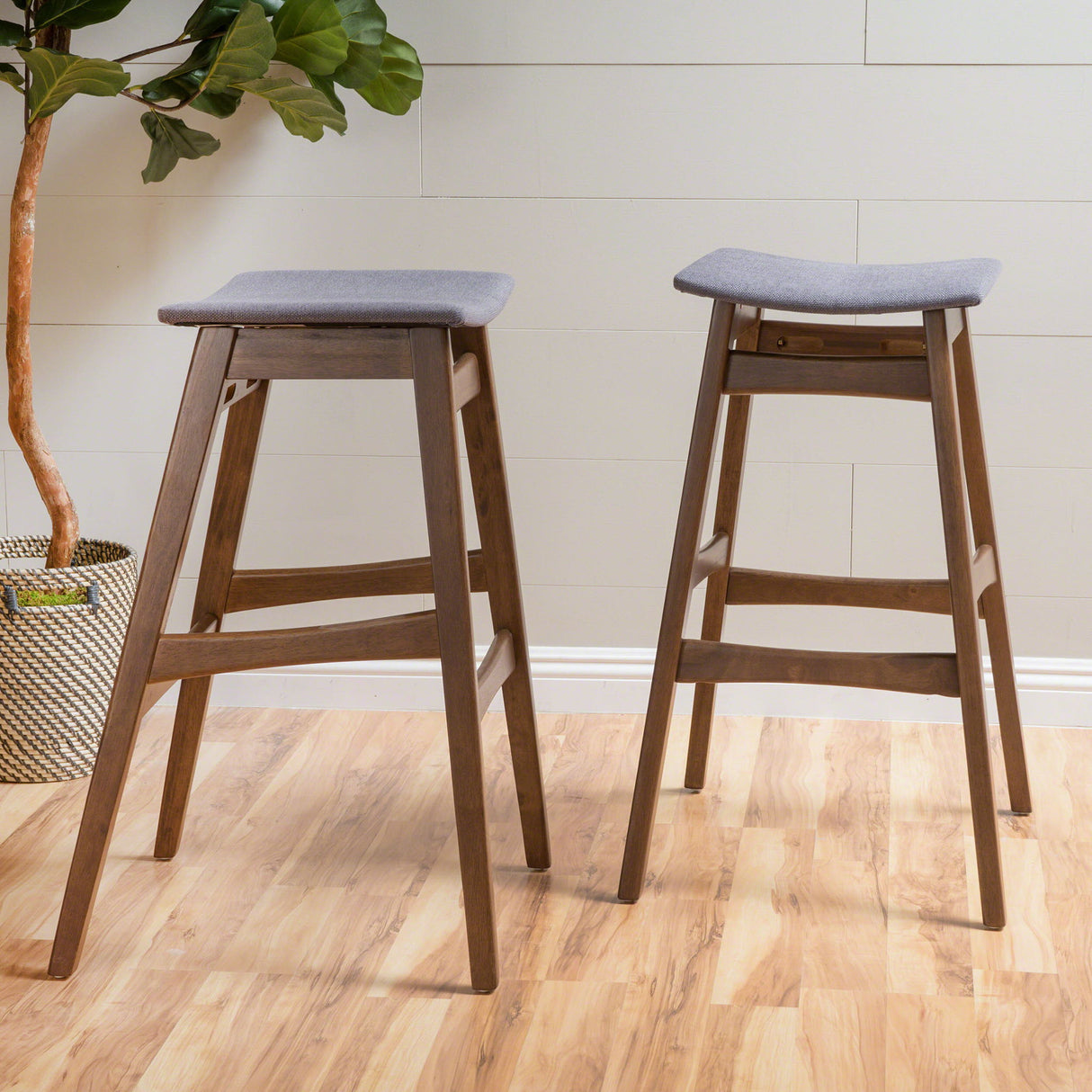 Mid Century Modern Bar Stool Set With Upholstered Seating