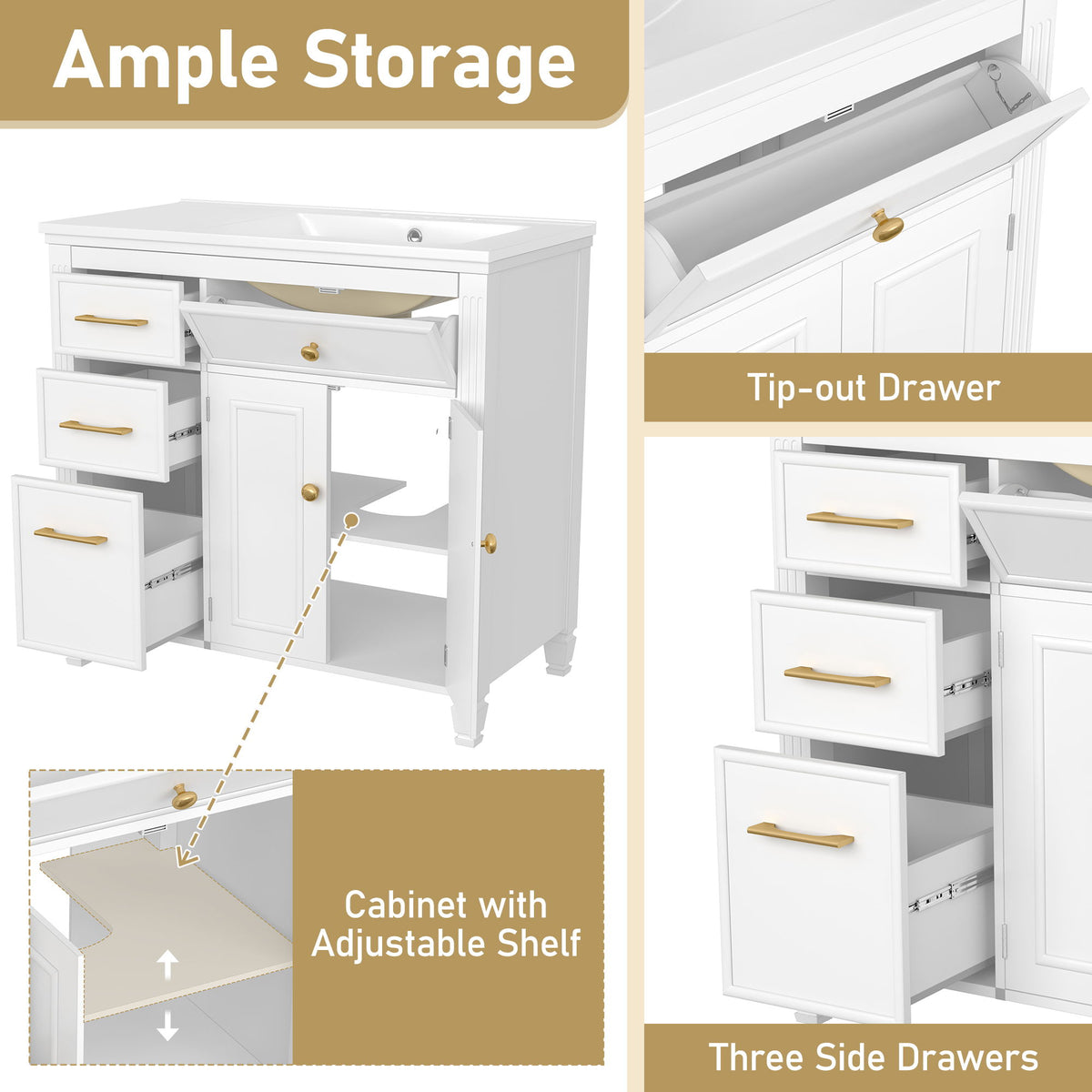 Modern Bathroom Vanity With Ceramic Sink, Freestanding, One Tip Out Drawer, 3 Side Drawers, Adjustable Shelf