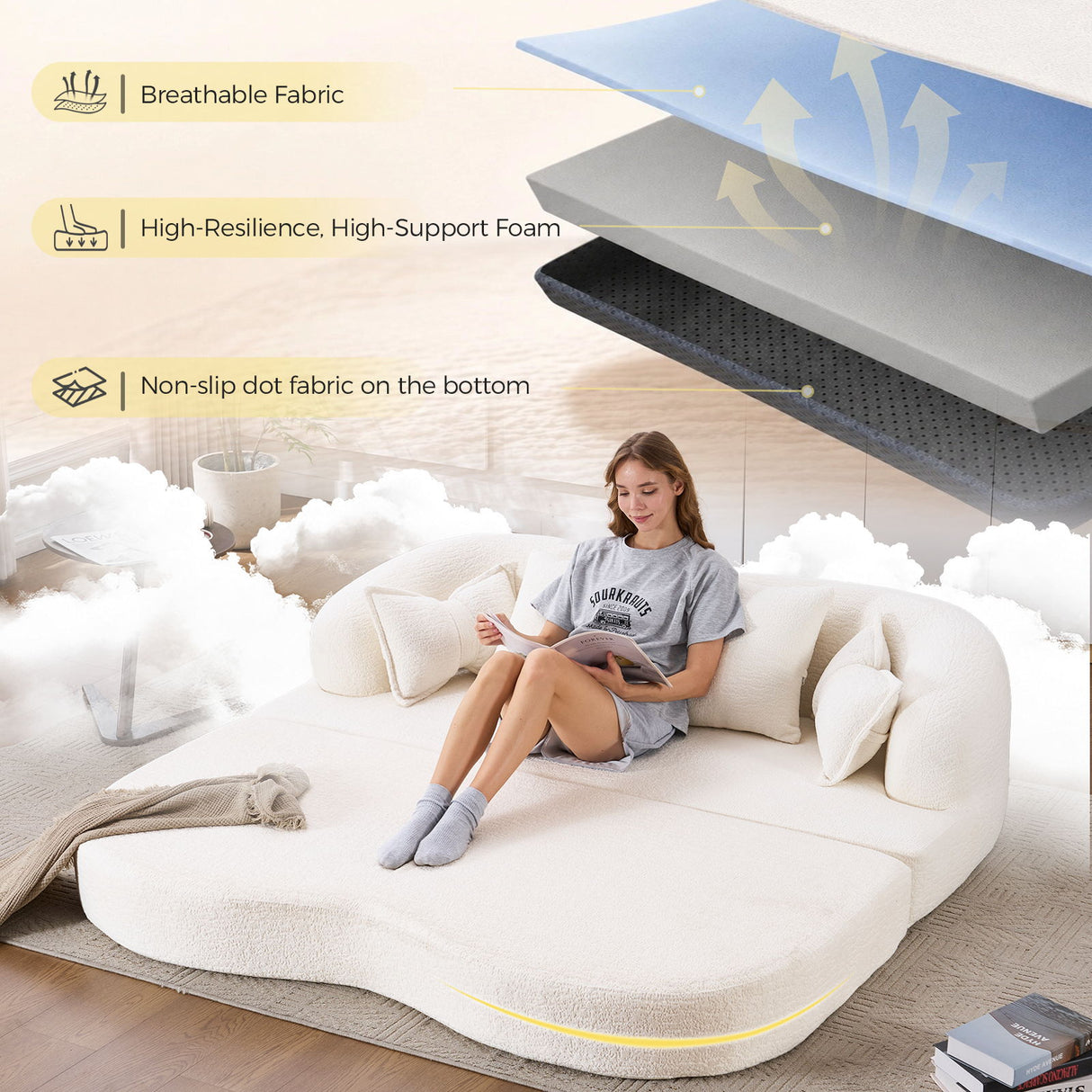 Foldable Sofa Bed, Boneless Couch Convertible Sleeper With 4 Pillows