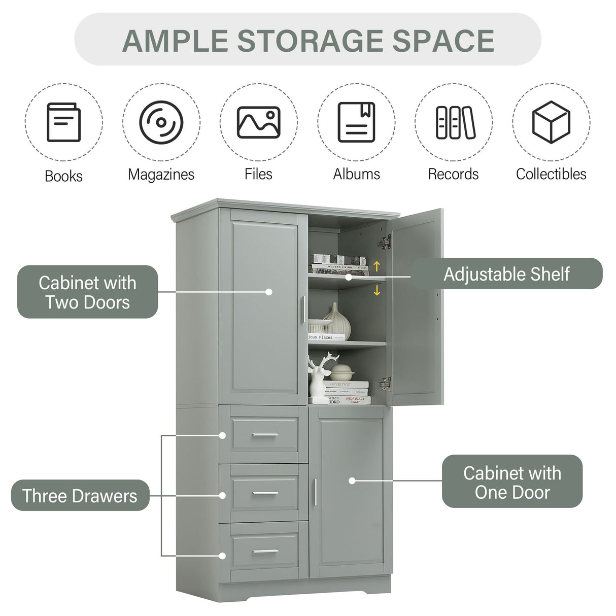Tall And Wide Storage Cabinet With Doors For Bathroom Or Office, 3 Drawers - Gray