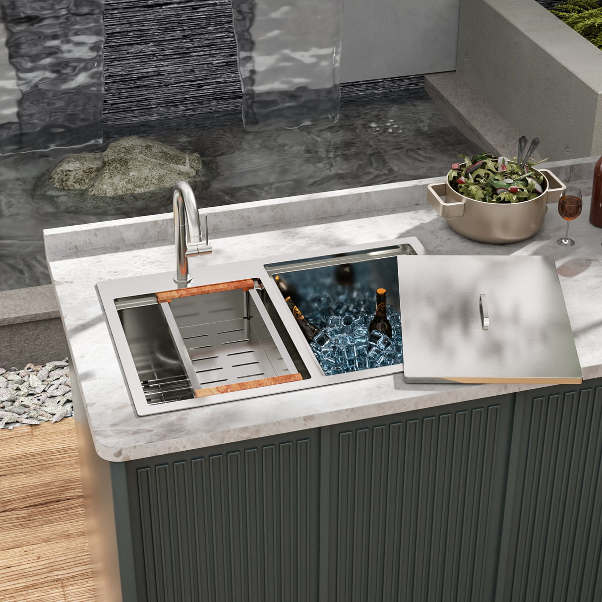 Outdoor Double Bowl Drop In Sink With Workstation - Brushed Nickel