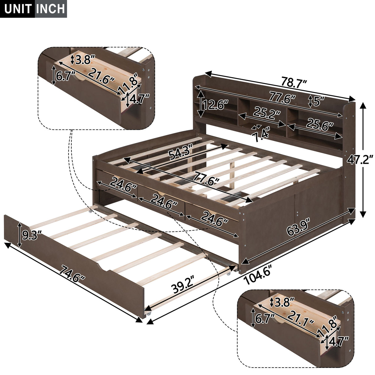 Captain Bed With Built In Bookshelves, 3 Storage Drawers, And Trundle
