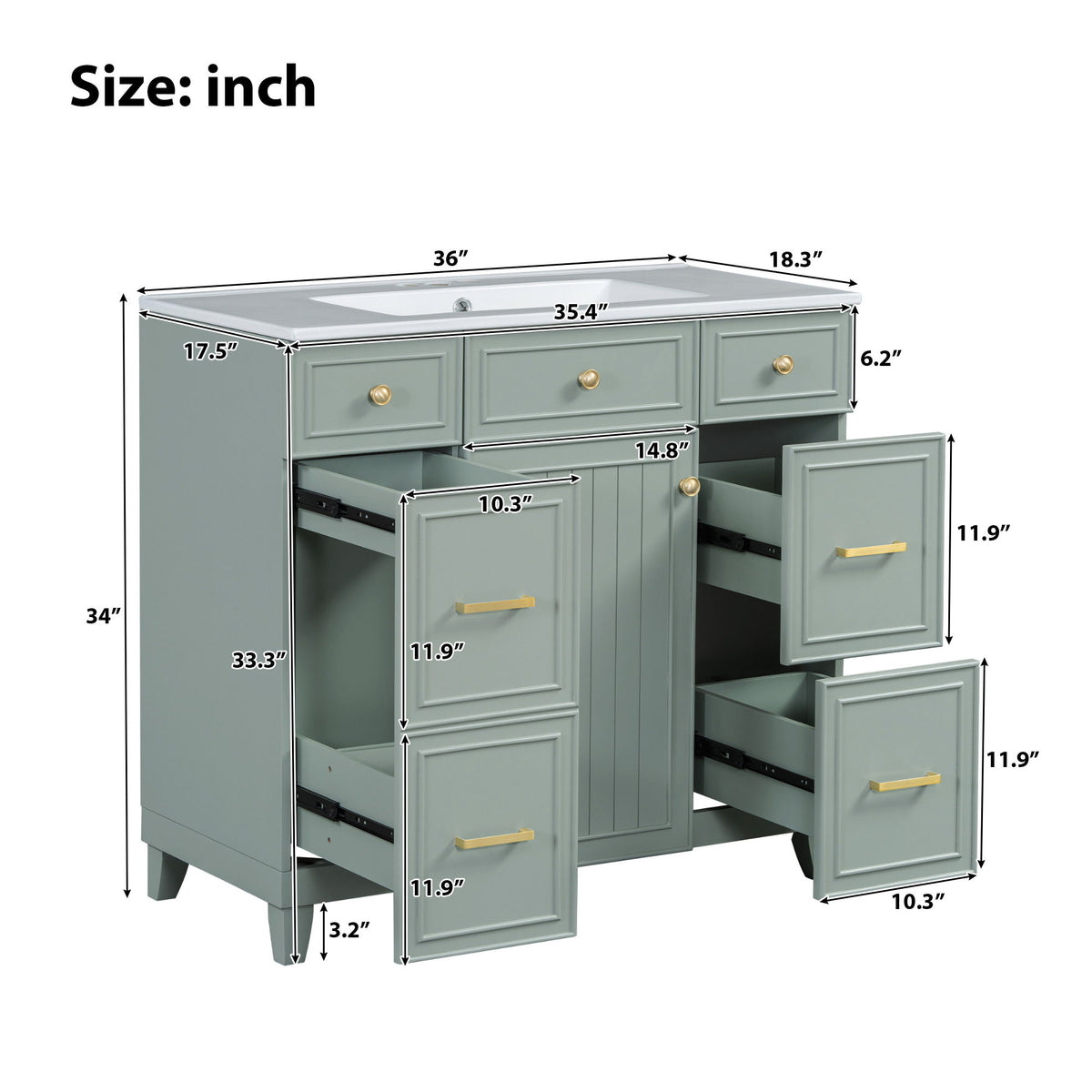 Bathroom Vanity With Ceramic Sink, Soft Close Doors, Adjustable Shelves