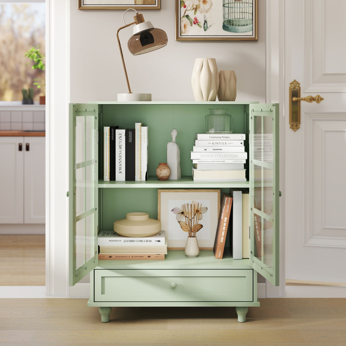 Minimalist Buffet Cabinet With Double Glass Doors And Drawer