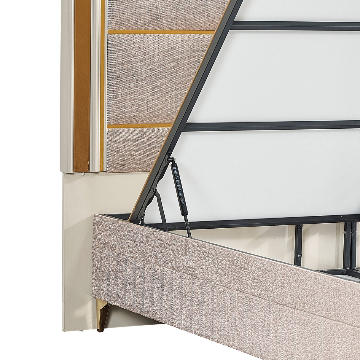 Omari - Queen Size Upholstered Bed, Hydraulic Lift Storage - Beige