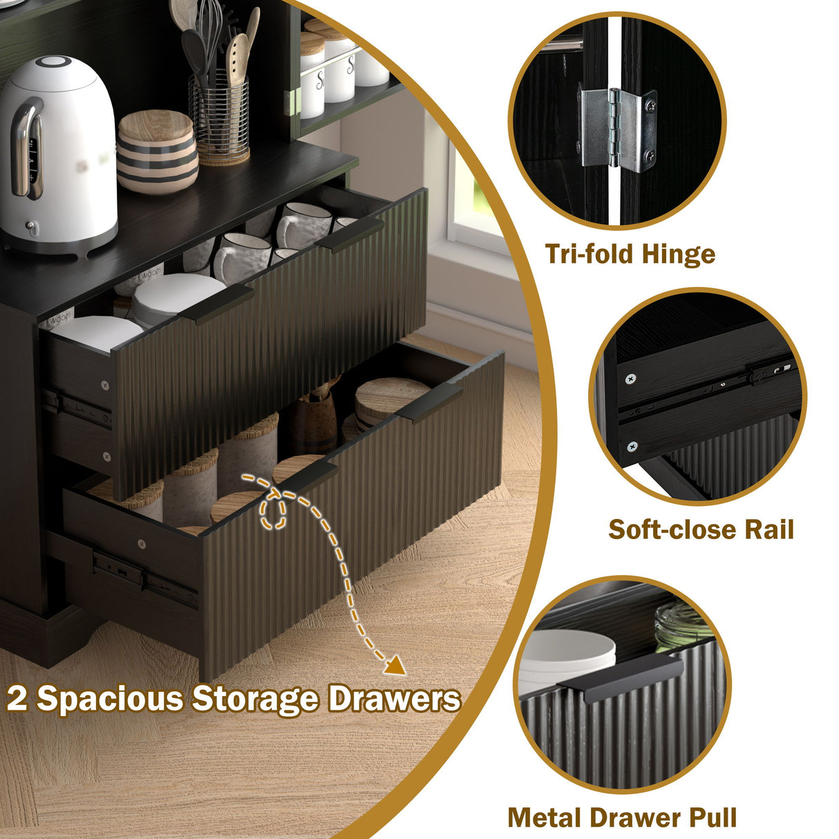 Fluted Kitchen Pantry Cabinet With 2 Large Drawers & 8 Door Spice Rack Freestanding Storage Organizer - Black