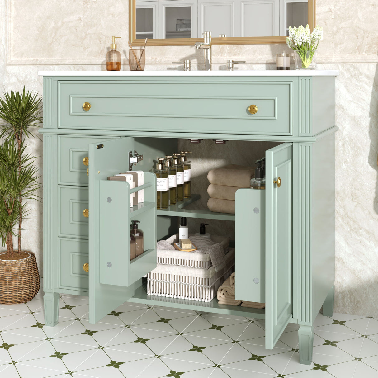 Bathroom Vanity With Sink, 3 Drawers & 2 Soft-Close Doors