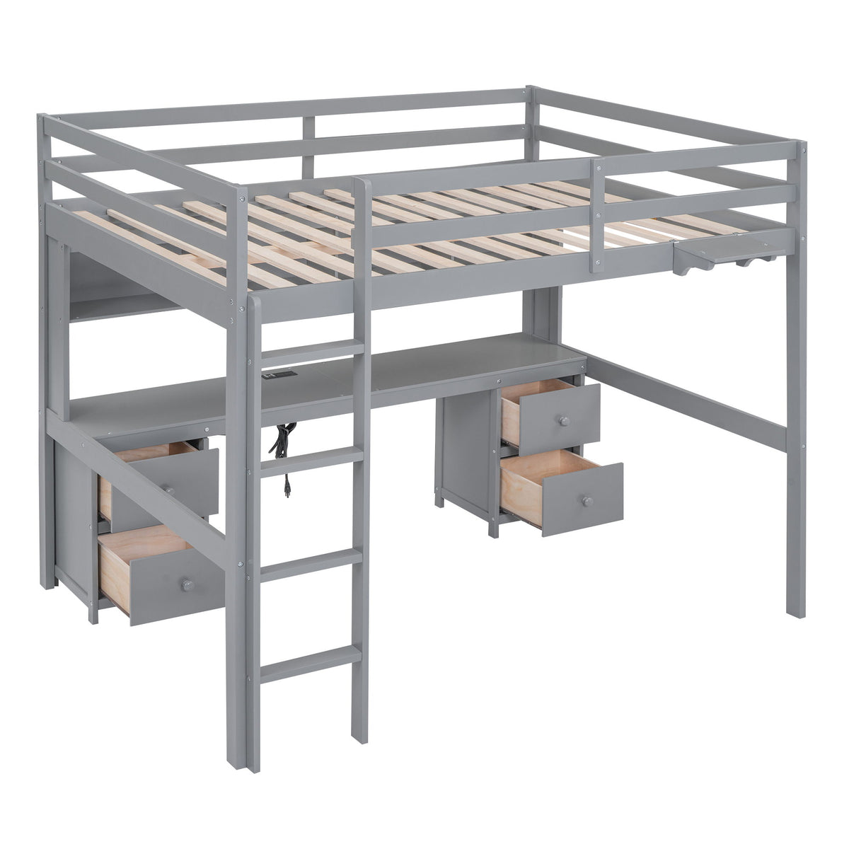 Loft Bed With Desk, Cabinets, Drawers, Charging Station And Bedside Tray