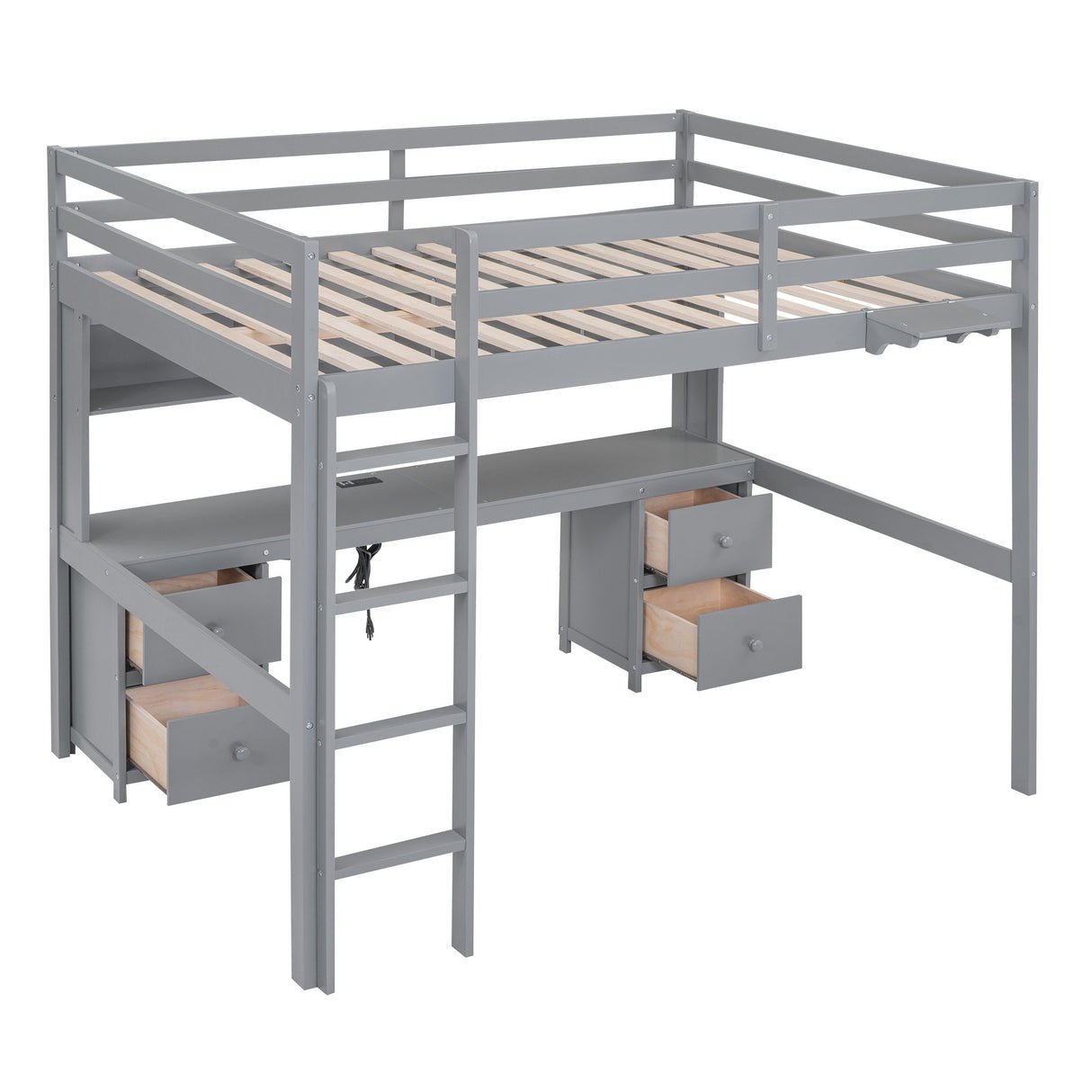 Loft Bed With Desk, Cabinets, Drawers, Charging Station And Bedside Tray
