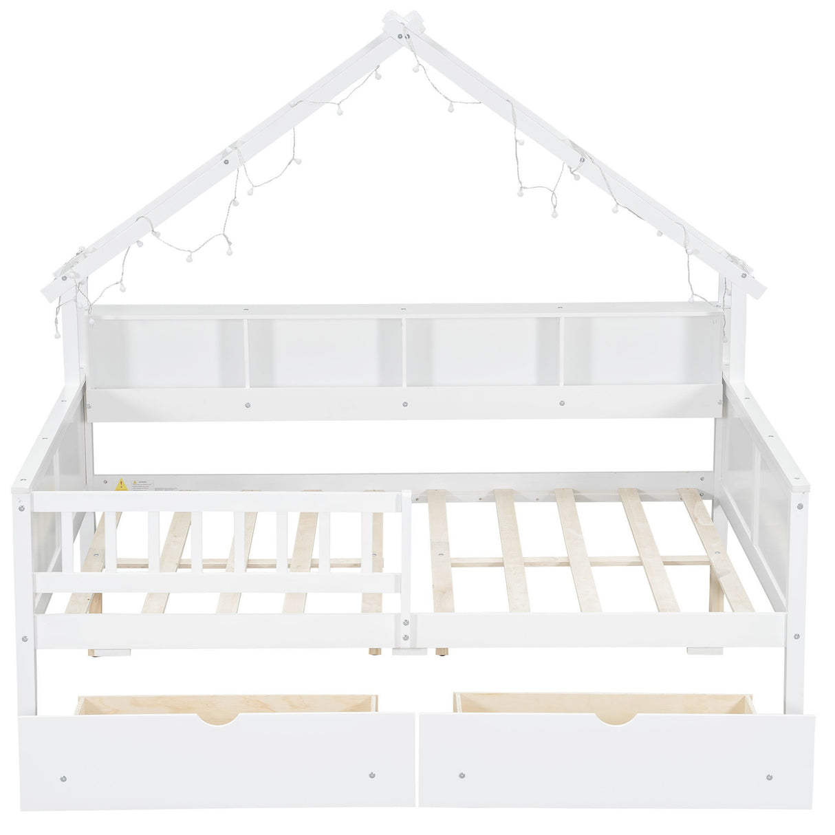 House Style Platform Bed With LED Lights, Storage Shelves, Drawers, And Guardrail