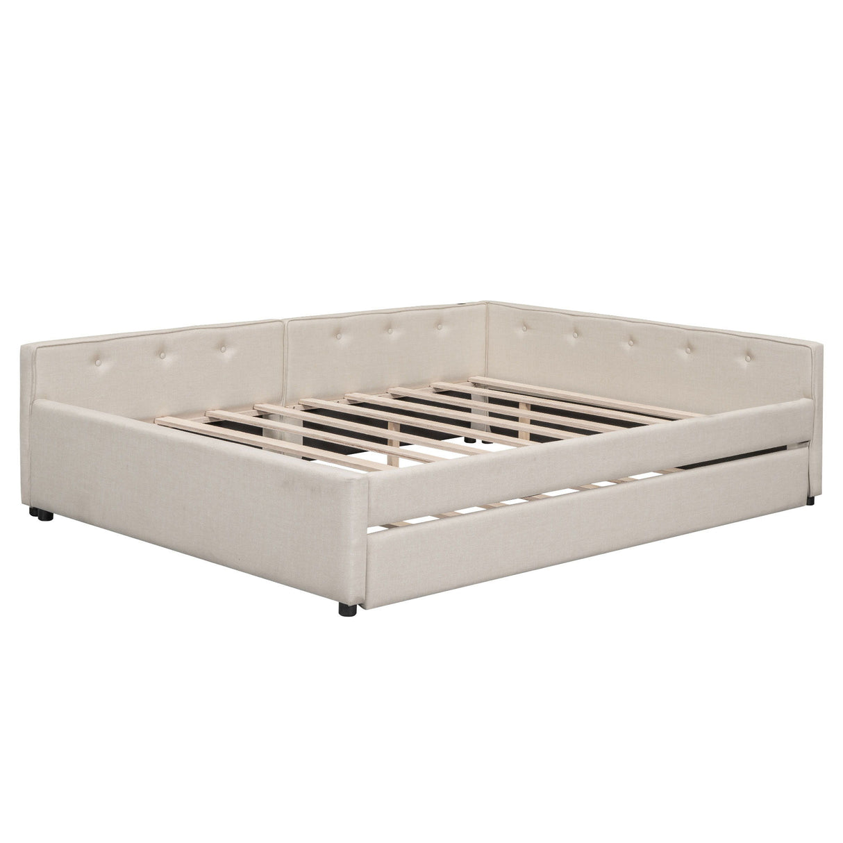 Queen Size Upholstered Platform Bed With USB And Twin Trundle - Beige
