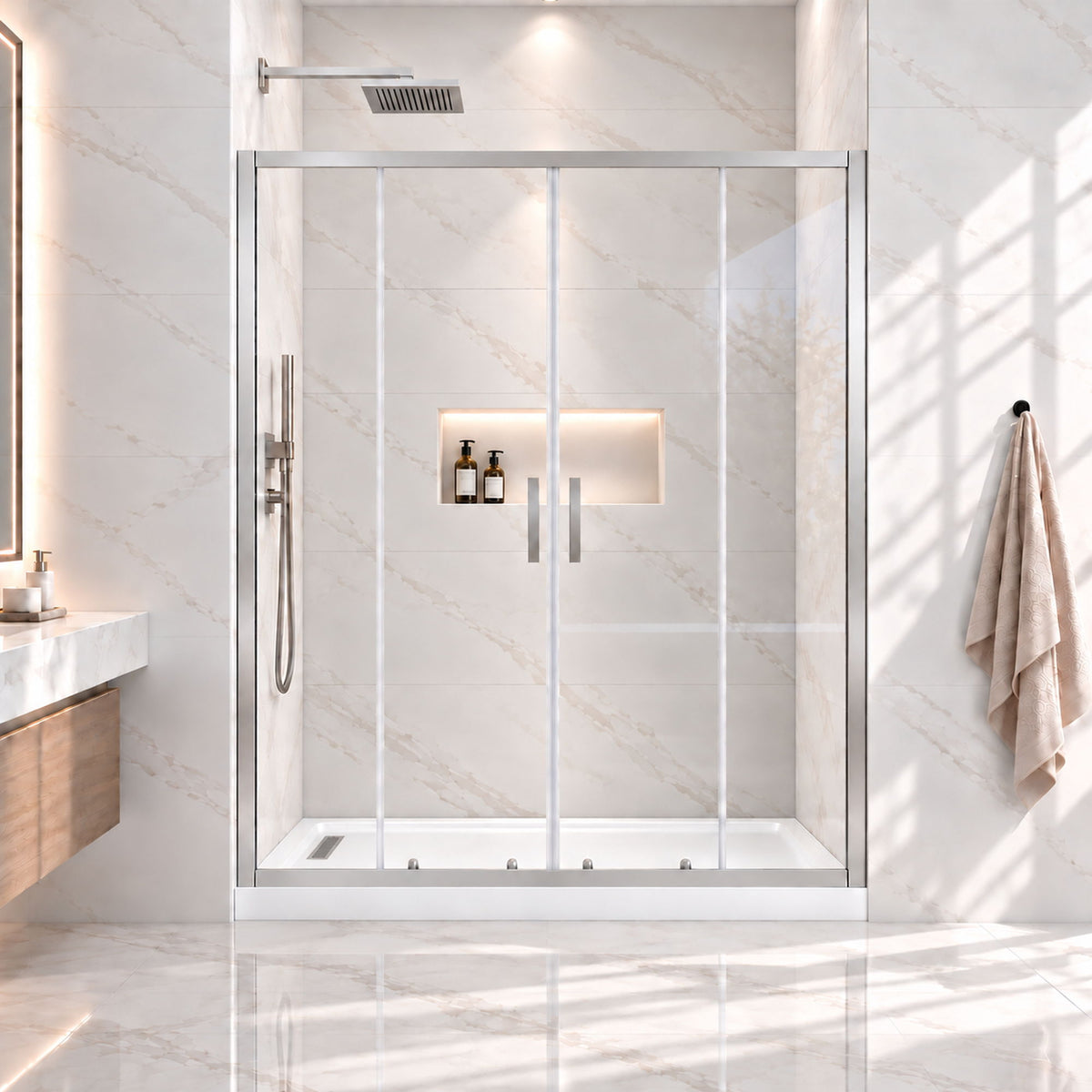 Framed Double Sliding Shower Door With Dual Handles