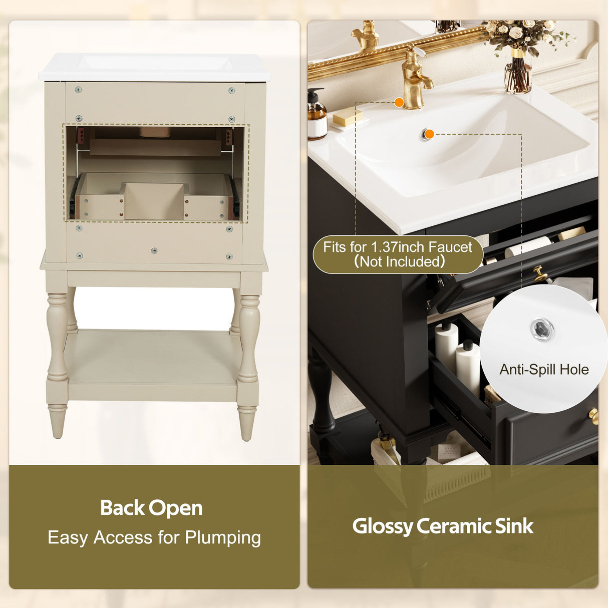 Retro Design Bathroom Vanity With Sink, 2 Drawer Storage Cabinet