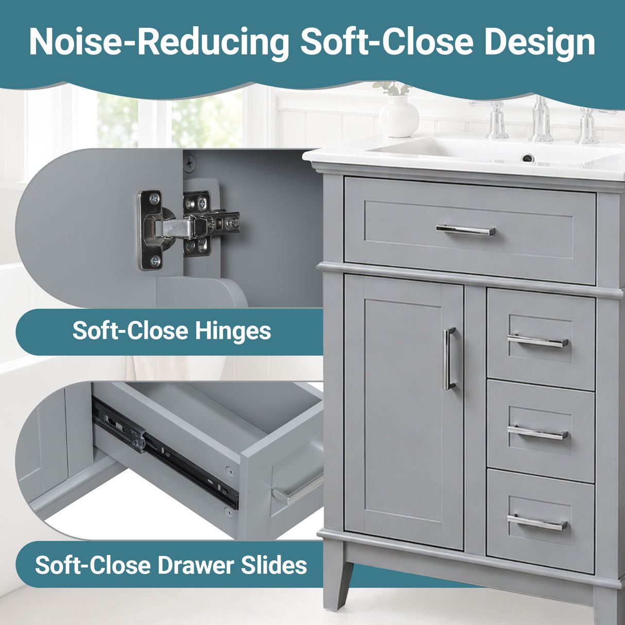 Modern Bathroom Vanity With Sink, Flip Drawer & 3 Drawers, Soft Close Hinges, Adjustable Shelf