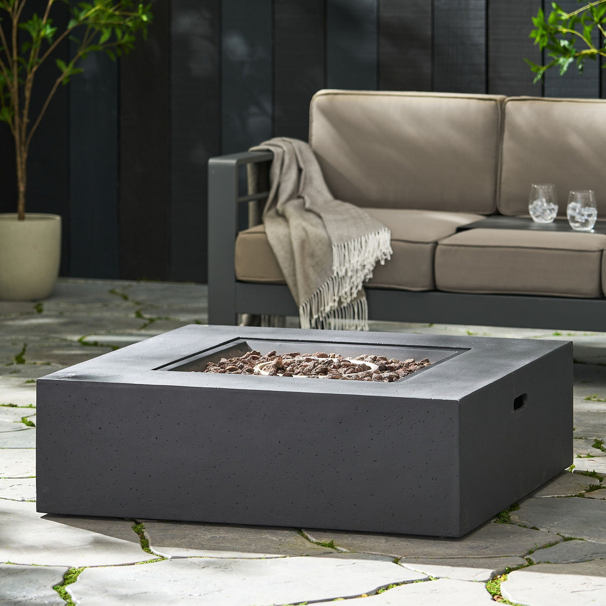Square Fire Pit Table Outdoor Hearth 50000 BTU Propane Ceramic 40x40in
