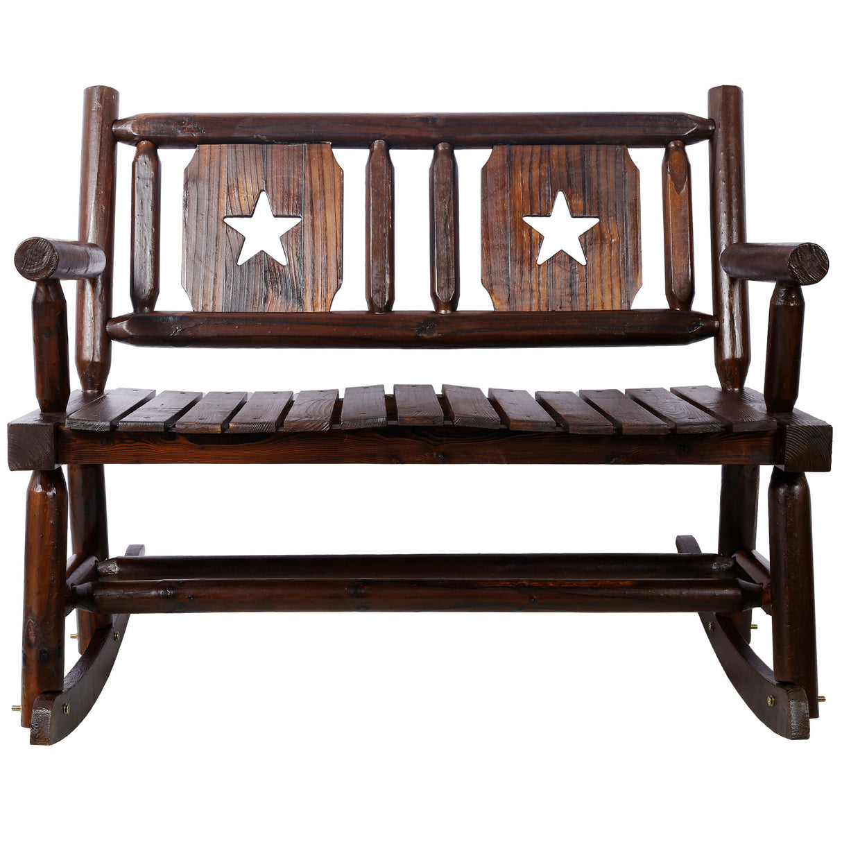 Rustic Outdoor Wood Rocking Bench Double Rocking Chair For 2 Persons With Curved Seat, Porch Rocker - Brown