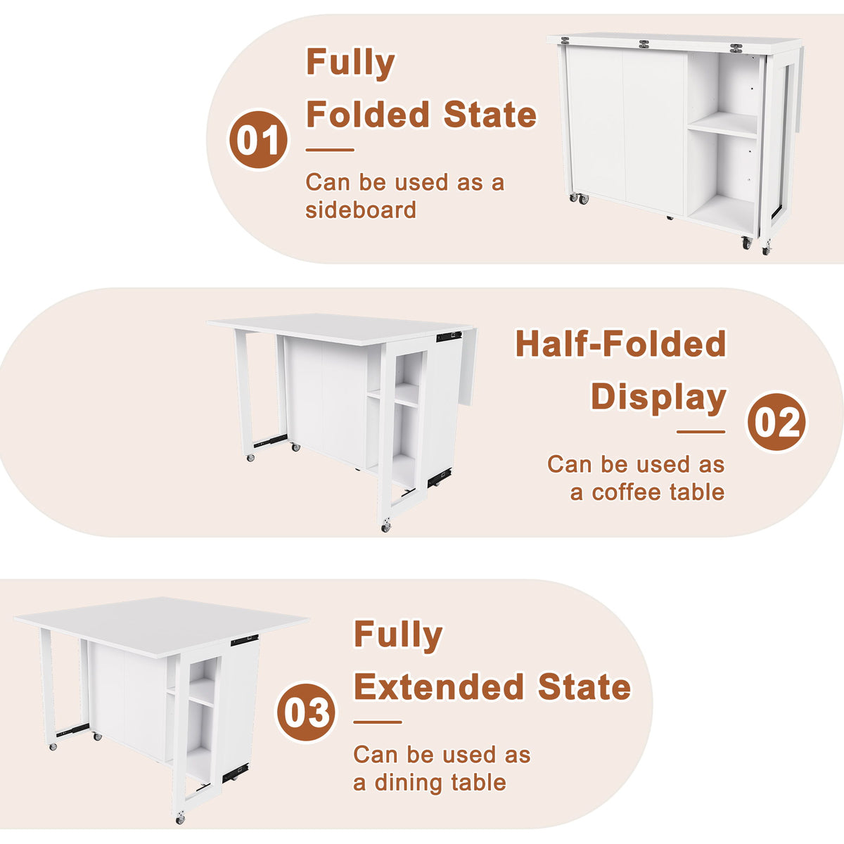 3 In 1 Foldable Side Table With 4 Storage Shelves