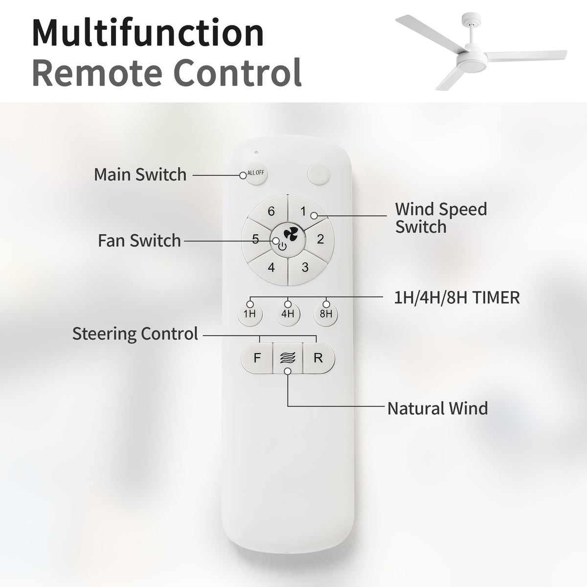 52" Ceiling Fan With Remote Control, 6 Speed Reversible DC Motor, 3 Blades