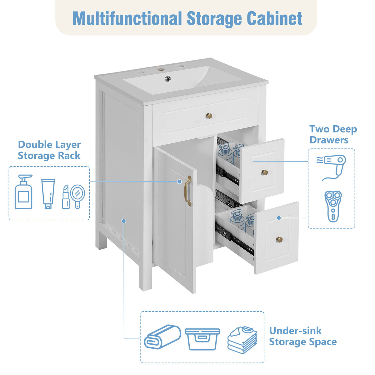 Elegant Bathroom Vanity With Ceramic Sink, Soft Close Doors And Drawers, Double Storage Racks