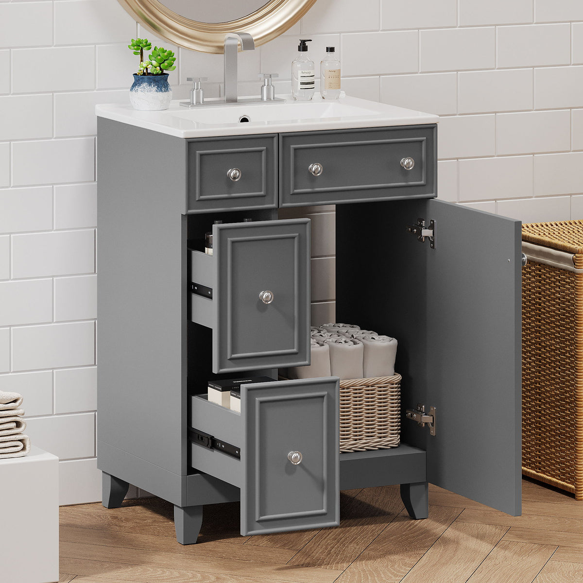 Transitional Style Bathroom Vanity Cabinet With Ceramic Sink