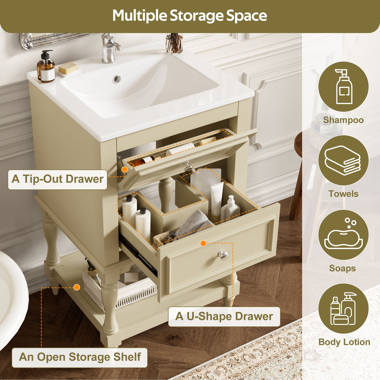 Retro Design Bathroom Vanity With Sink, 2 Drawer Storage Cabinet