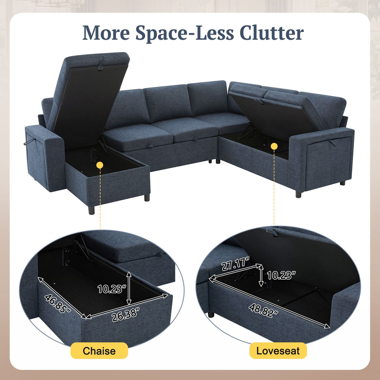 U - Shaped Convertible Sectional Sofa Bed With Storage, USB Charger & Cup Holders