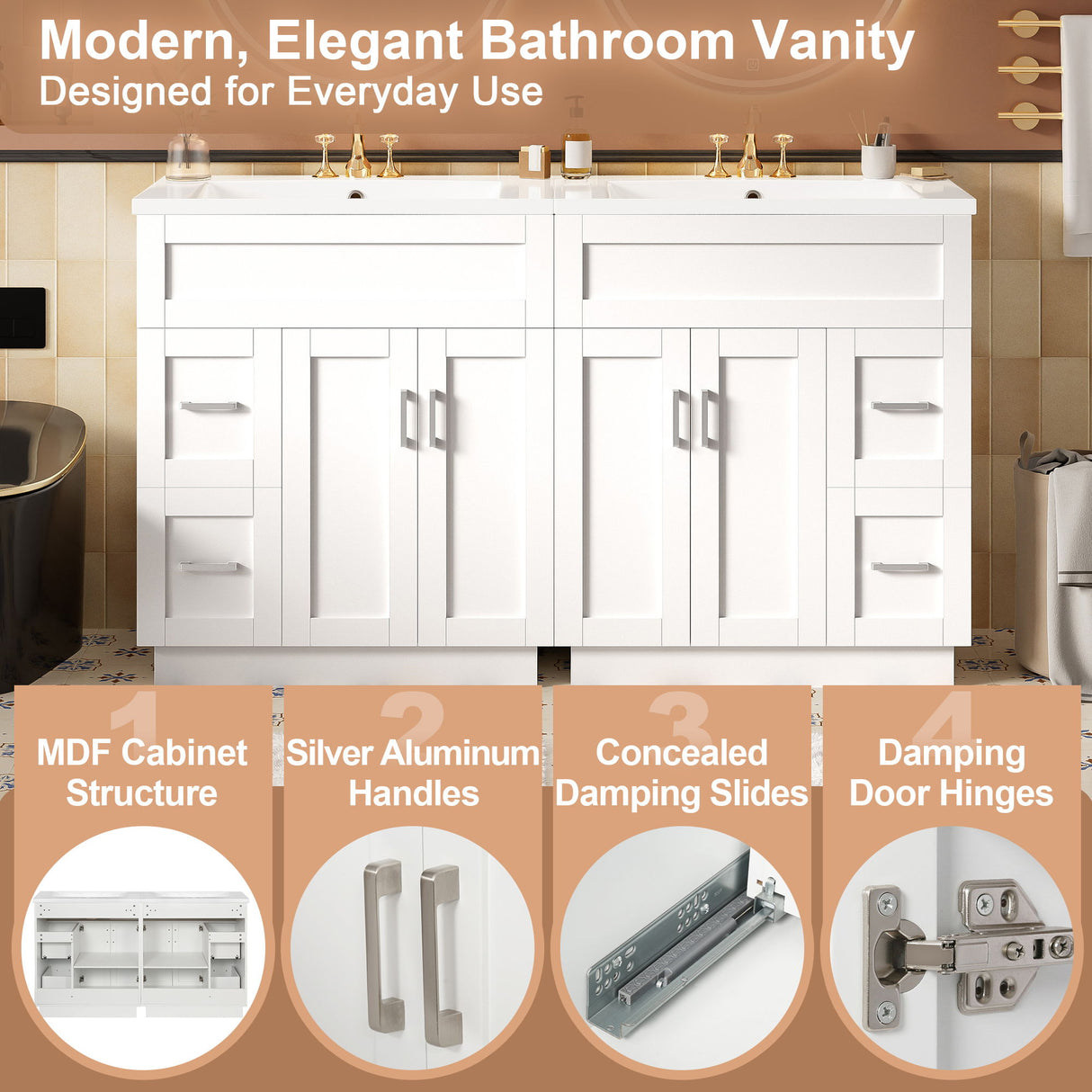 Bathroom Vanity With 2 Doors, 2 Drawers, Adjustable Shelf, Hidden Slides & Soft Close Hinges