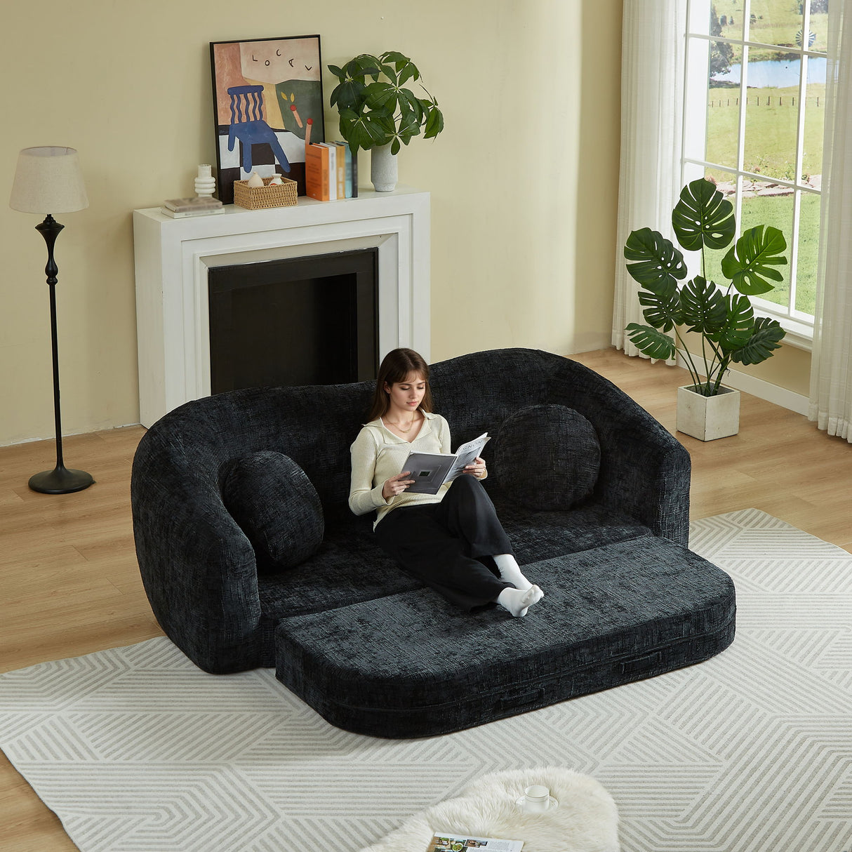 Curved Convertible Sofa, 2 In 1 Frameless Folding Sofa Bed With Pull Out Base And Deep Seat