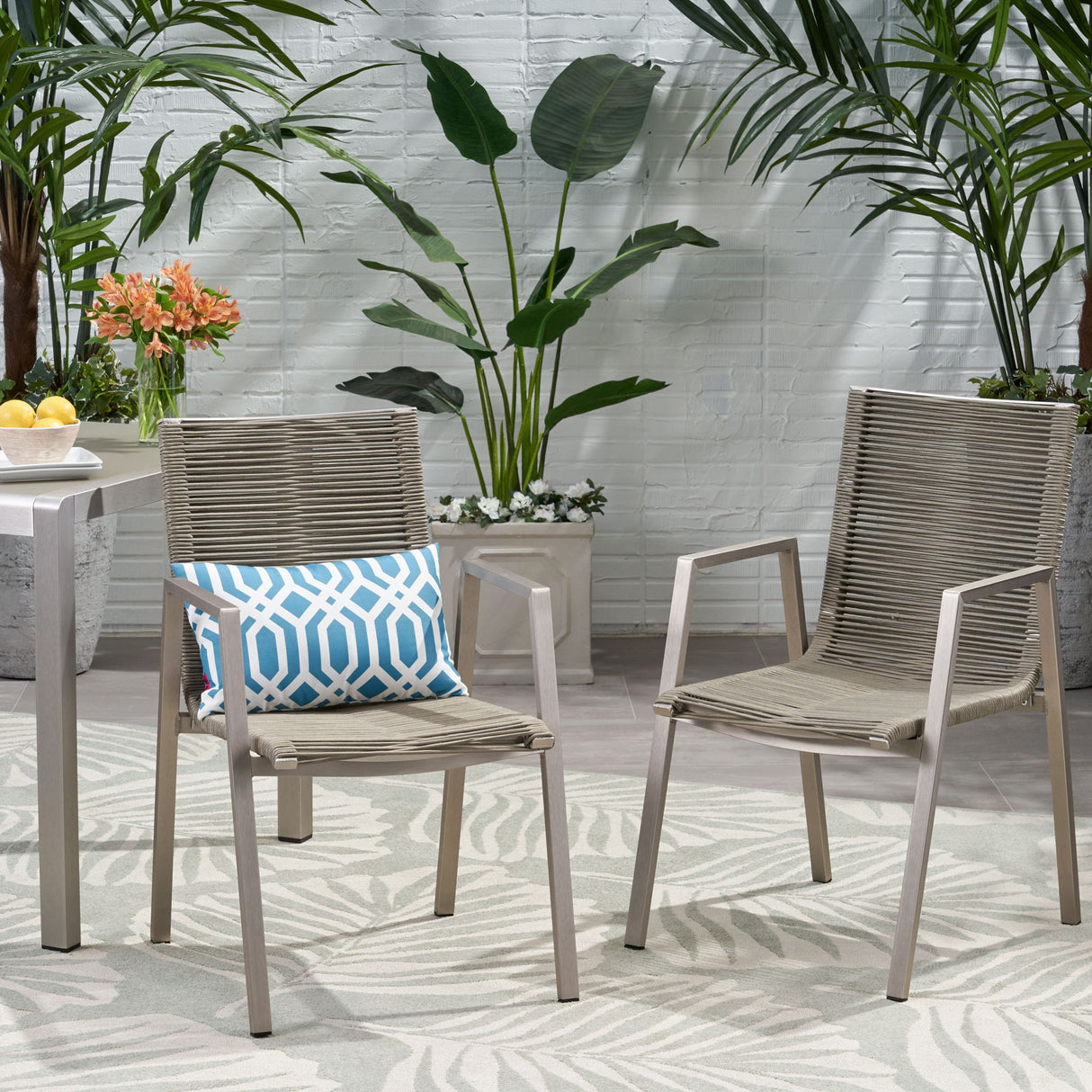 Outdoor Modern Aluminum Dining Chair Set With Rope Sea (Set of 2)