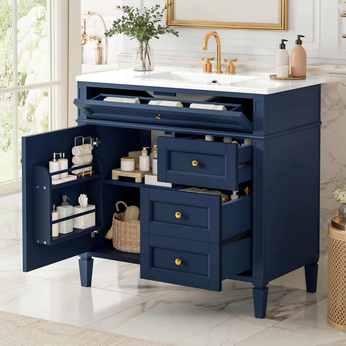 Bathroom Vanity With Top Sink, 2 Drawers, Tip Out Drawer