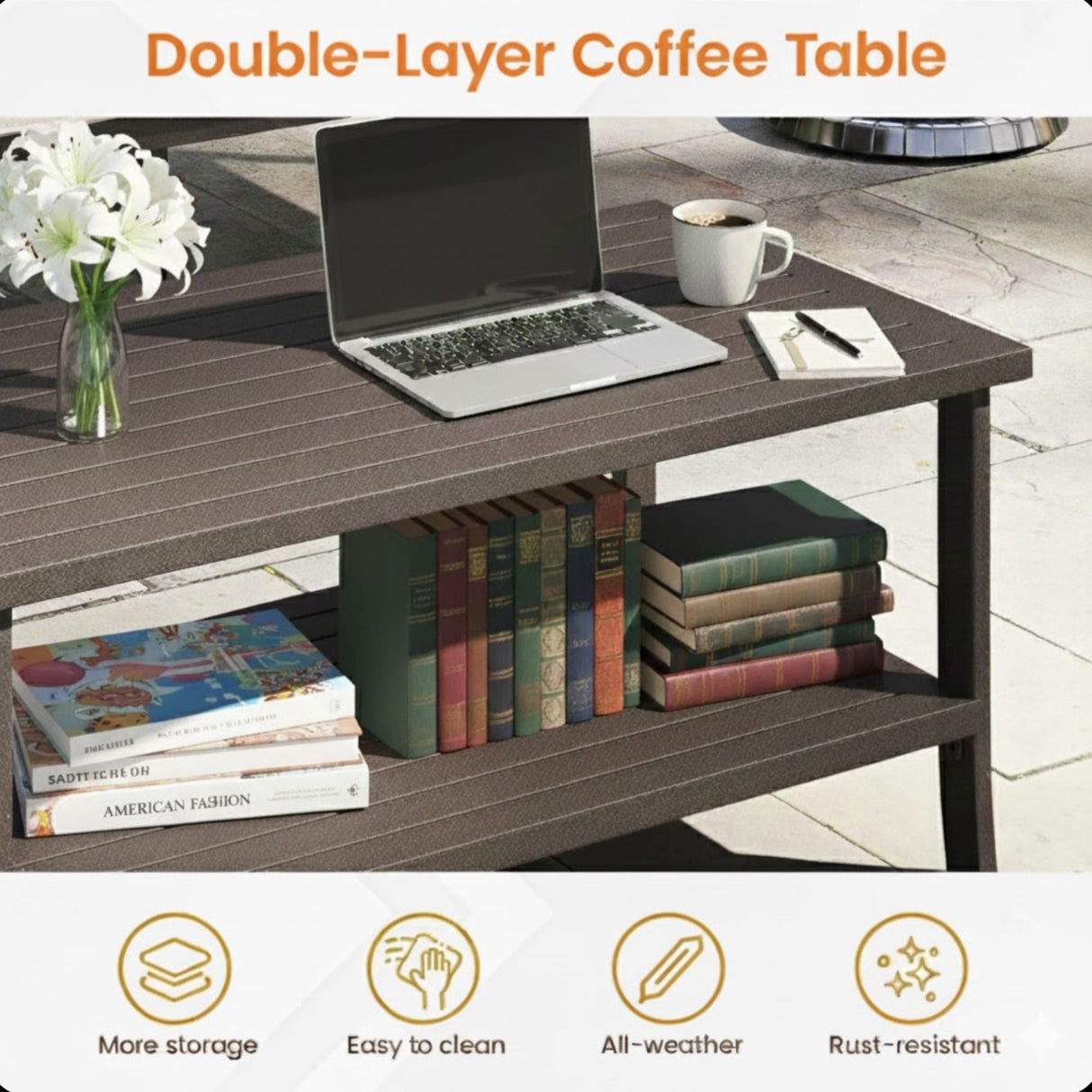 Rectangular Outdoor Coffee Table, 2 Tier All Weather Patio Table - Brown