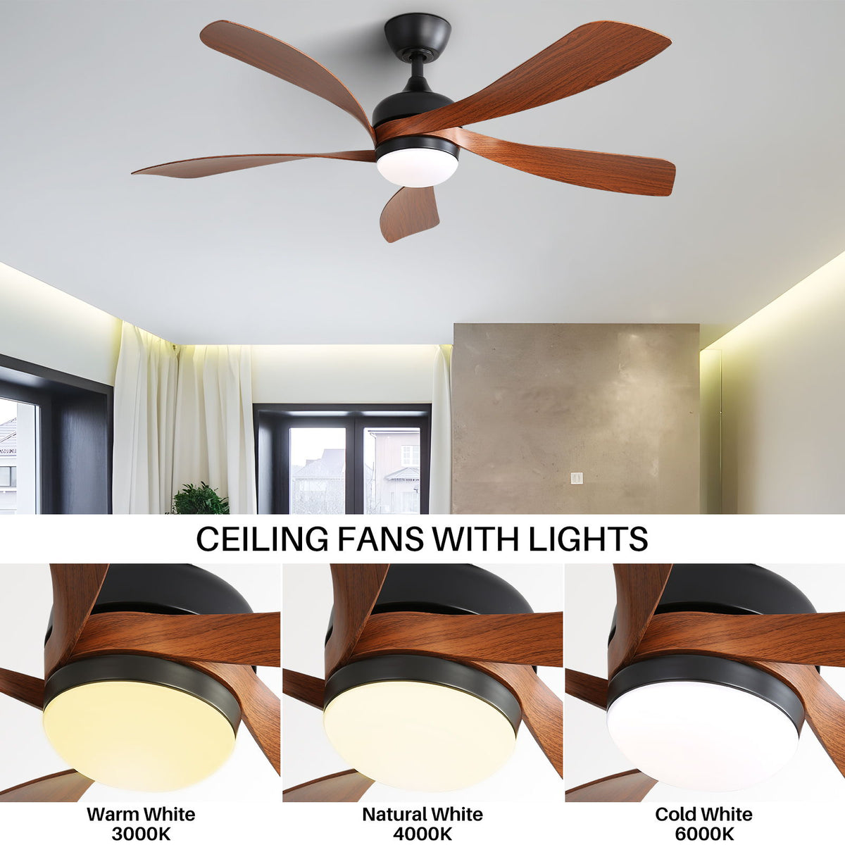 52" Ceiling Fan With 3 Color Dimmable LED Light, 5 Blades, Remote Control, Reversible DC Motor